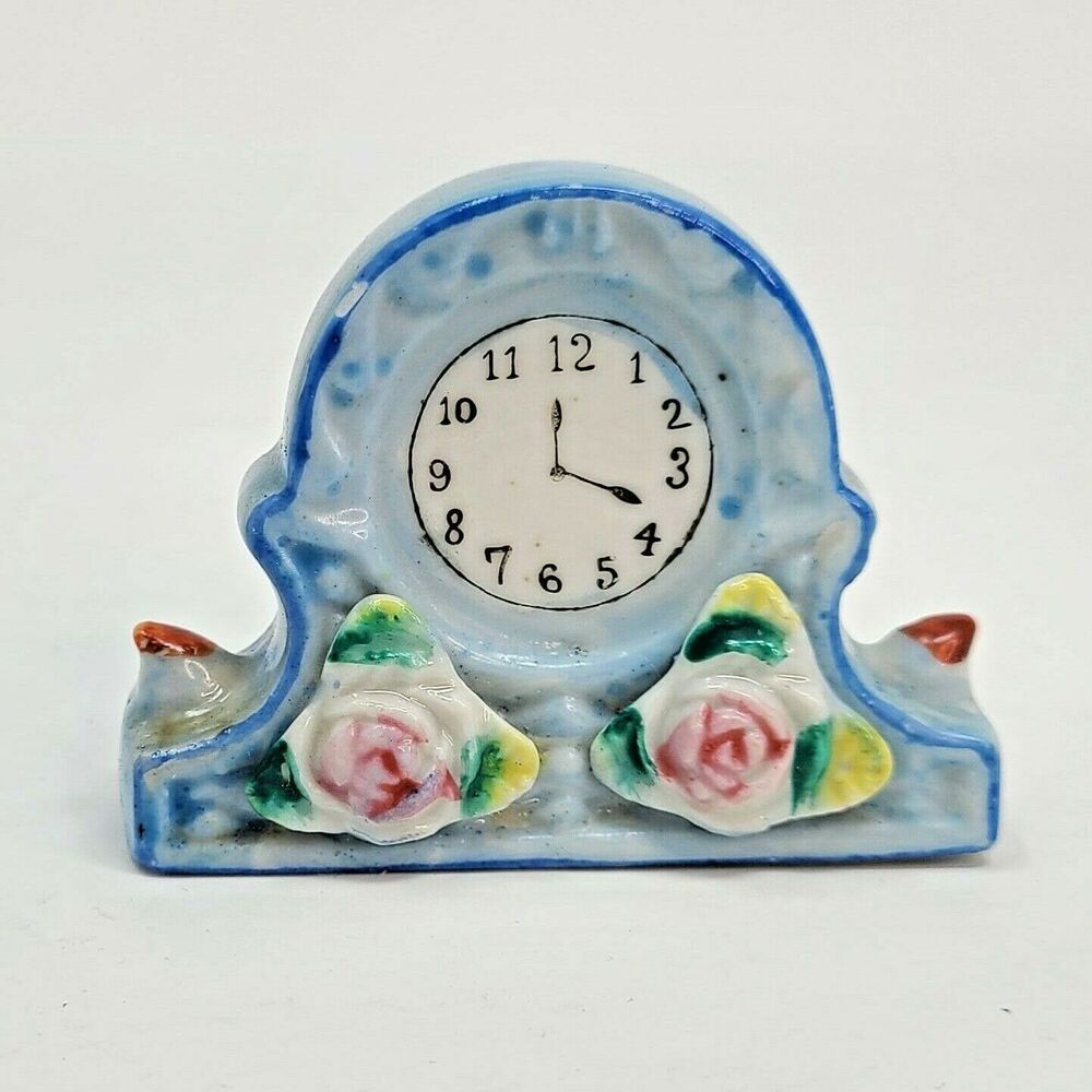 Mantel Clock Figurine Blue w\ Pink Roses Pico Made in Occupied Japan VTG Ceramic